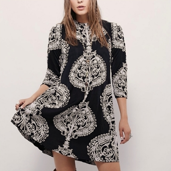 Free People Black Taupe Fiesta Floral Long Sleeve Mini Shift Dress Womens XS - Picture 4 of 14